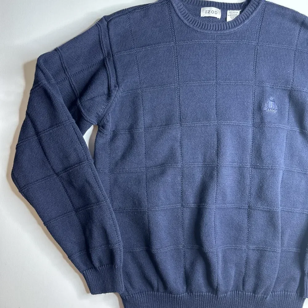 Vintage IZOD Sweater Mens Medium Navy Blue Textured Knit Crewneck Fisherman 90s
